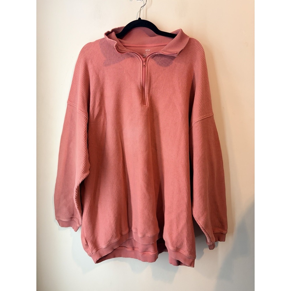 Aerie Oversized Rib Knit Quarter Zip Pullover Sweatshirt Pink XL TG